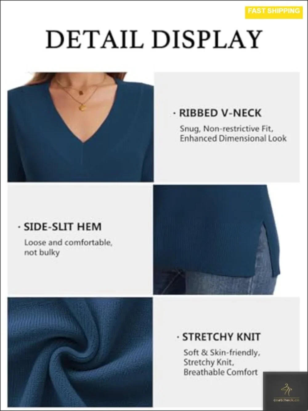 Women's V Neck Side Slit Knit Pullover Sweater Long Sleeve Lightweight